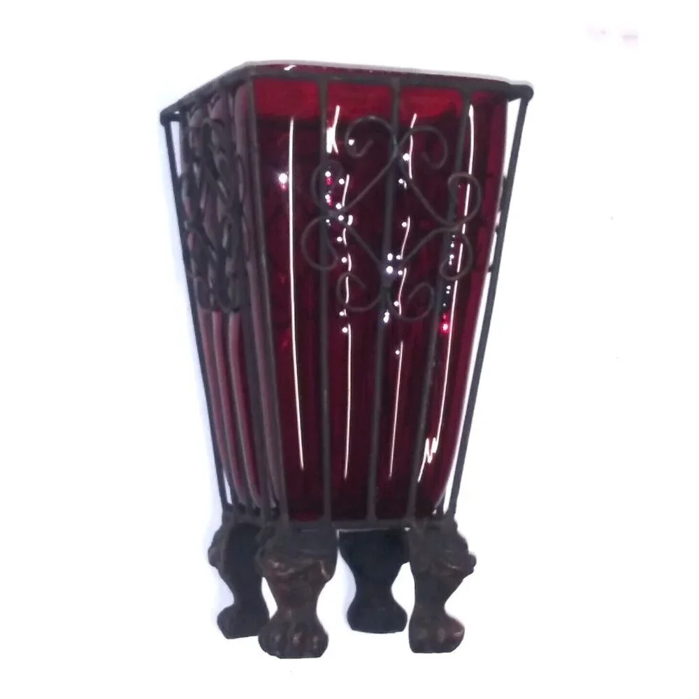 Vintage Vase Metal caged/imprisoned Bubbled RED Glass Footed Art glass vase EUC